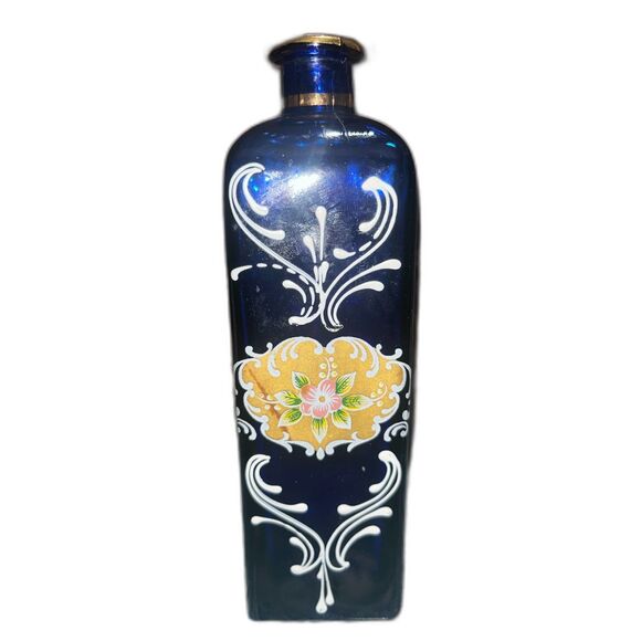 Vintage Hand Painted Bohemian Cobalt Blue Bottle Gold Floral Italy - Picture 1 of 7